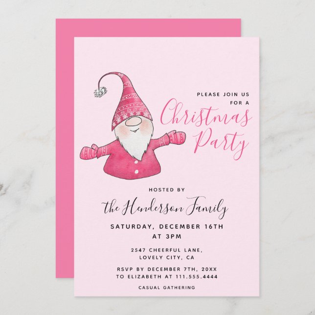Girly Fun Gnome Personalised Pink Christmas Invitation (Front/Back)