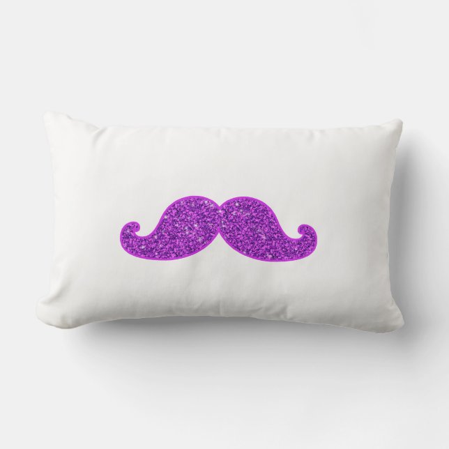 Girly fun retro moustache purple glitter lumbar cushion (Front)