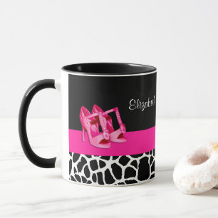 Girly Giraffe Print Cute Pink Pumps Shoes and Name Mug