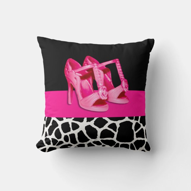 Girly Giraffe Print Cute Pink Shoes With Name Cushion (Front)