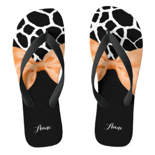 Girly Giraffe Print Orange Ribbon Bow With Name Jandals