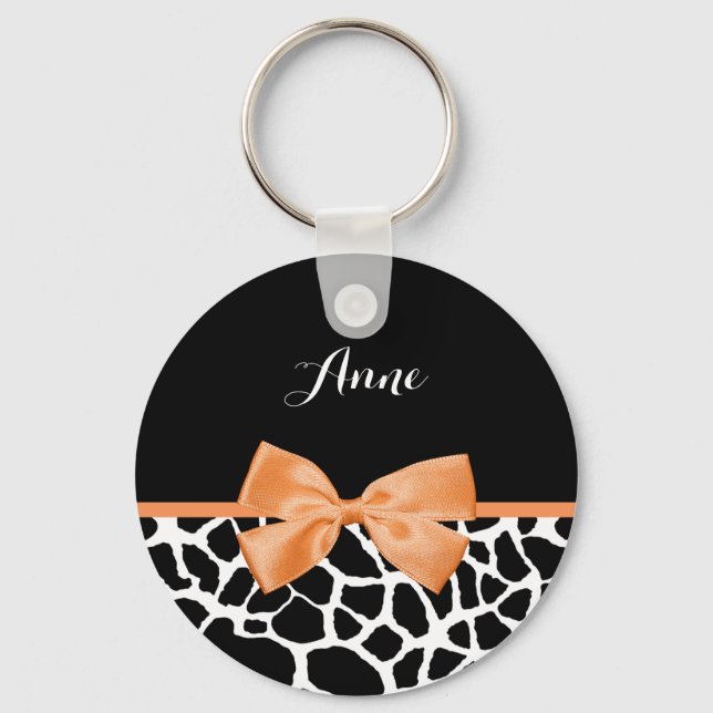 Girly Giraffe Print Orange Ribbon Bow With Name Key Ring (Front)