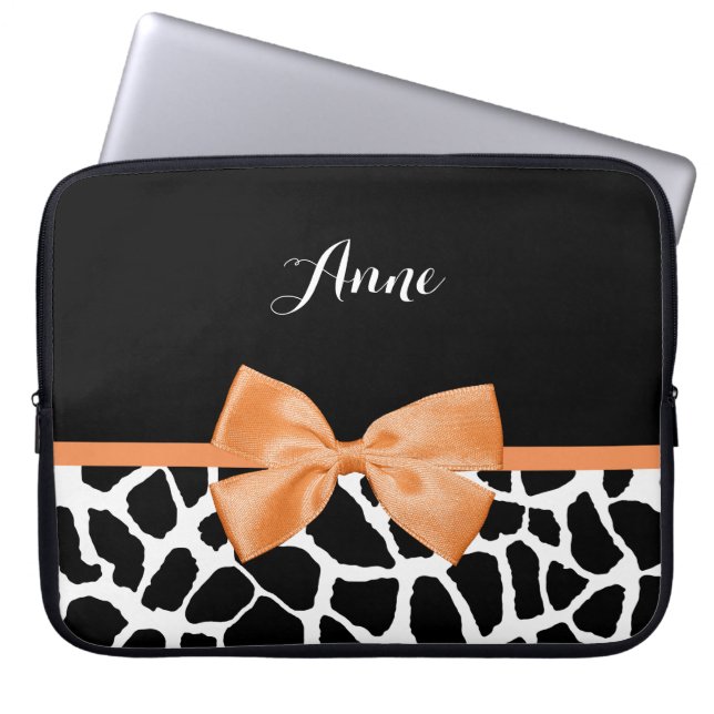 Girly Giraffe Print Orange Ribbon Bow With Name Laptop Sleeve (Front)