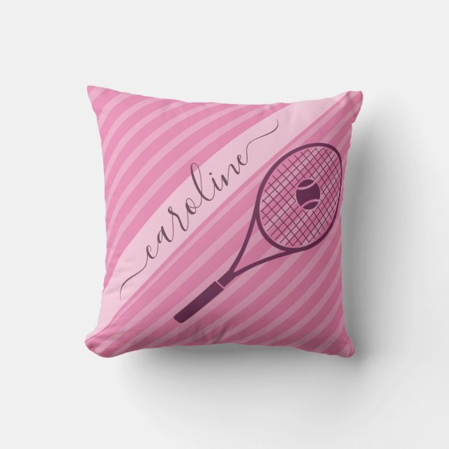 Girly Girl Pink Striped Tennis Racket & Ball Cute  Cushion (Front)