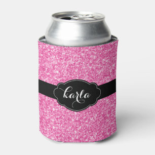 Girly Girly Pink Glitter Texture Black Accents Can Cooler