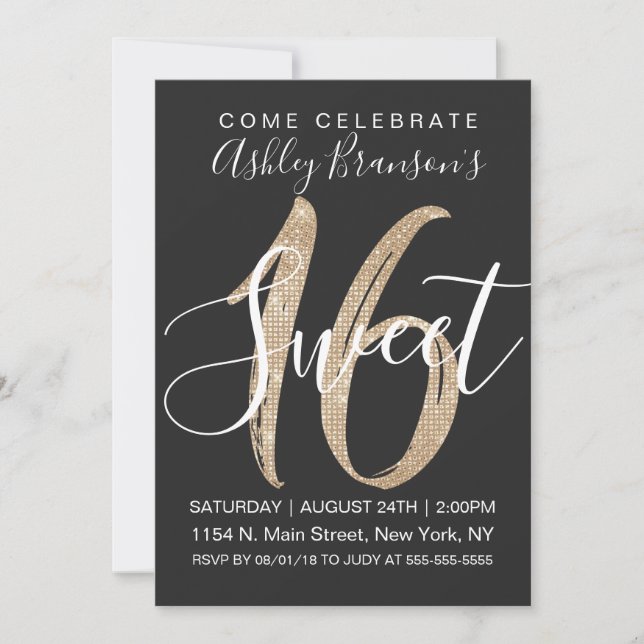 Girly Glam Black Faux Gold Sequin Glitter Sweet 16 Invitation (Front)