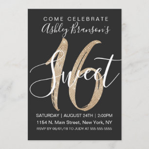 Girly Glam Black Faux Gold Sequin Glitter Sweet 16 Invitation