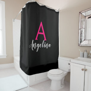 Girly & Glam Black, White, Hot Pink Monogram Name Shower Curtain