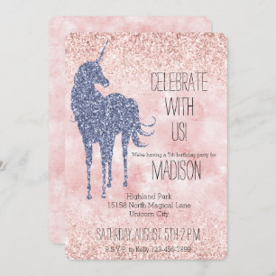 Girly Glam Blush Pink Purple Unicorn Glitter Invitation