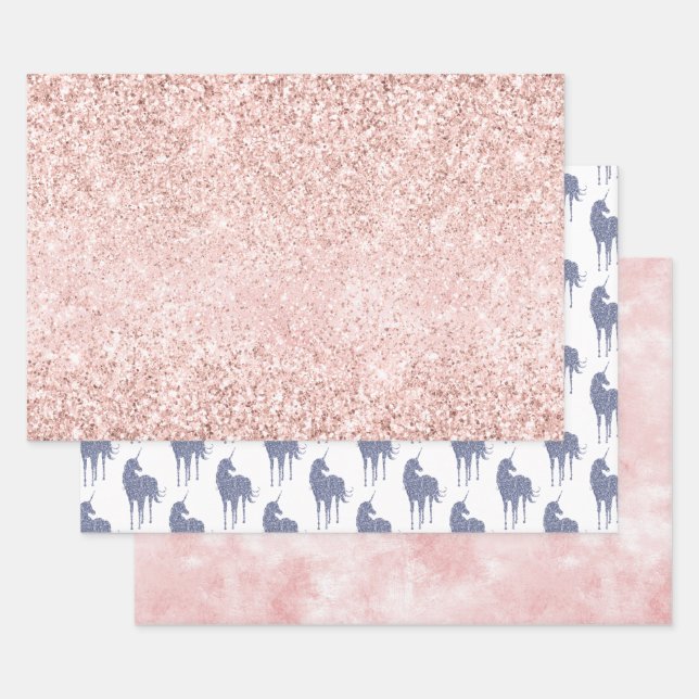 Girly Glam Blush Pink Purple Unicorn Glitter Wrapping Paper Sheet (Set)