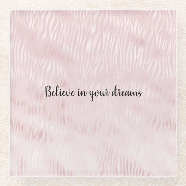Girly Glam Blush Pink Zebra Print Glass Coaster (Front)
