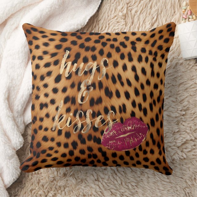 Girly Glam Cheetah Leopard Hugs & Kisses Lips Cushion (Blanket)