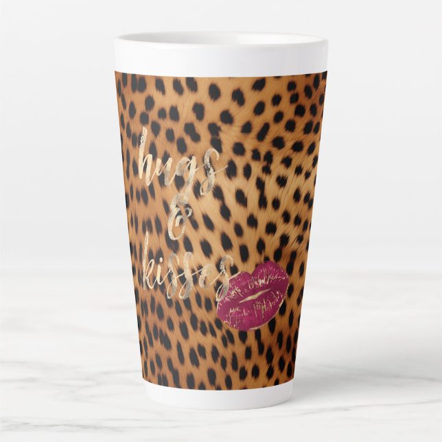 Girly Glam Cheetah Leopard Hugs & Kisses Lips Latte Mug (Front)