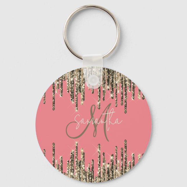 Girly Glam Glittery Pink & Golden Monogram  Key Ring (Front)