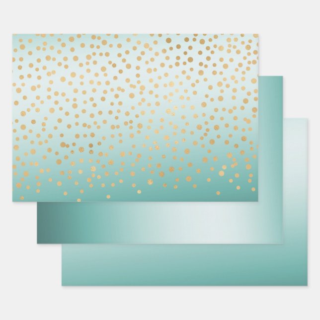 Girly Glam Gold Confetti Mint Ombre Wrapping Paper Sheet (Set)