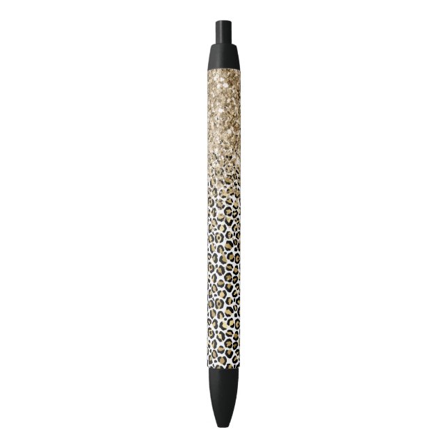 Girly Glam Gold Leopard Print Glitter sparkle Black Ink Pen (Front Vertical)