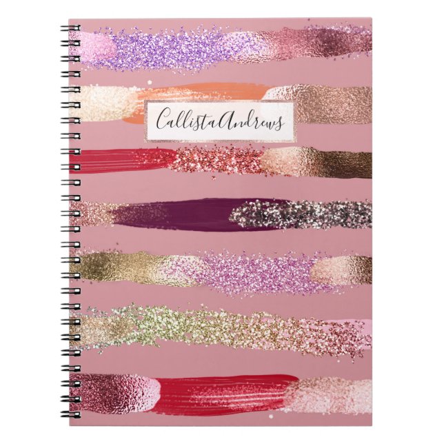 Girly Glam Gold Pink Glitter Metallic Brushstrokes Notebook (Front)