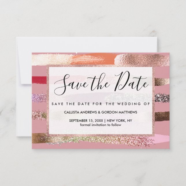 Girly Glam Gold Pink Glitter Metallic Brushstrokes Save The Date (Front)