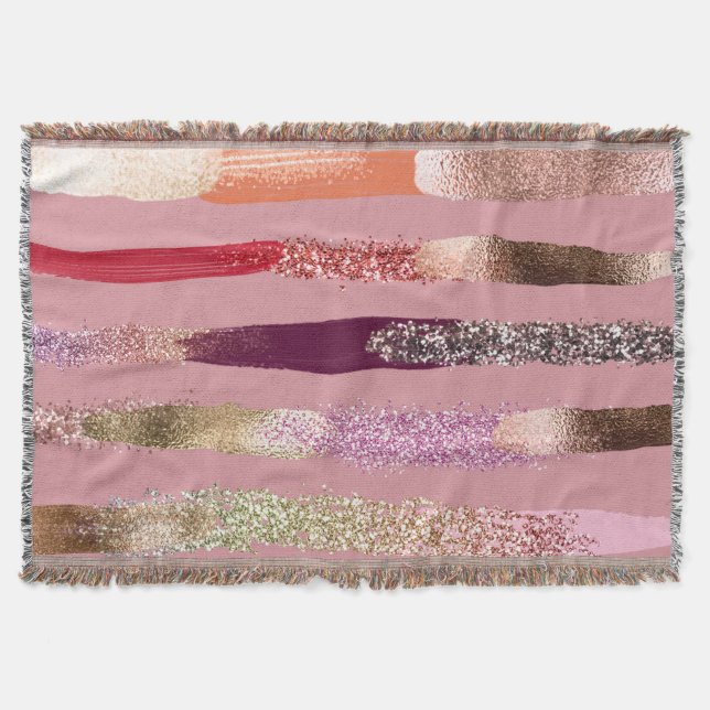 Girly Glam Gold Pink Glitter Metallic Brushstrokes Throw Blanket (Front)