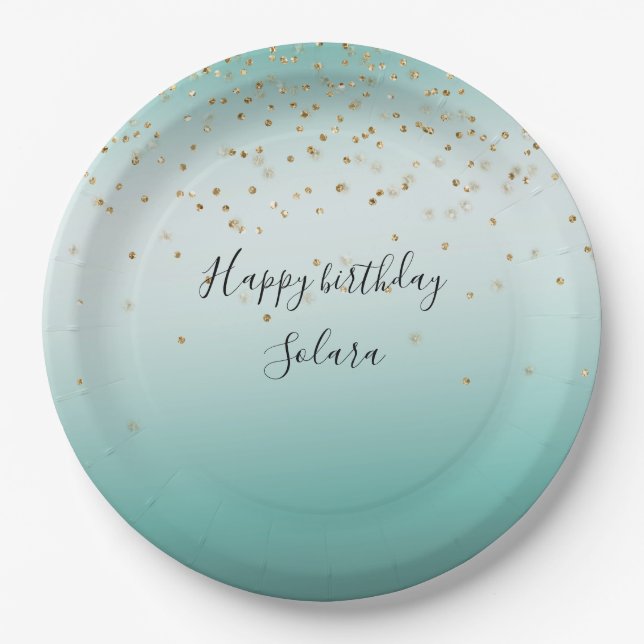 Girly Glam Gold Sparkle Confetti Mint Ombre Paper Plate (Front)