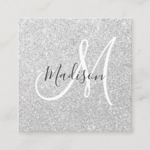 Girly & Glam Gray Silver Glitter Sparkle Monogram Square Business Card