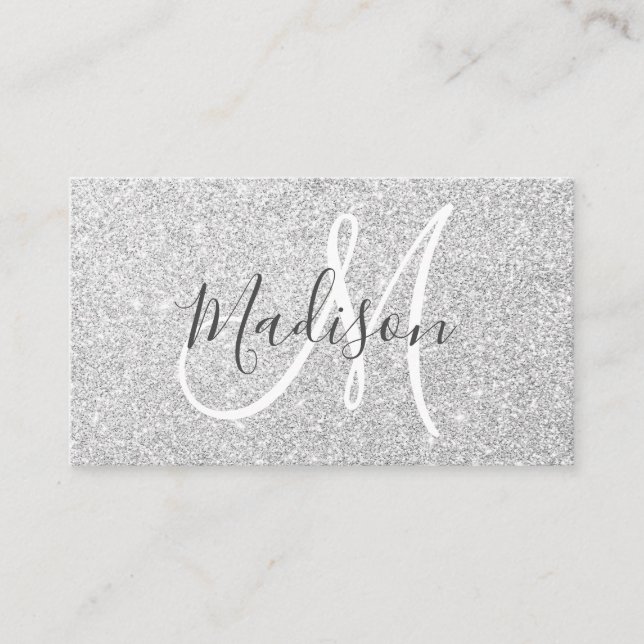 Girly & Glam Grey Silver Glitter Sparkles Monogram Business Card (Front)