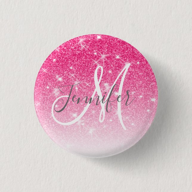 Girly Glam Hot Pink Glitter Sparkles Monogram Name 3 Cm Round Badge (Front)