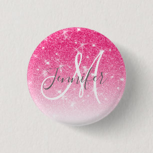 Girly Glam Hot Pink Glitter Sparkles Monogram Name 3 Cm Round Badge