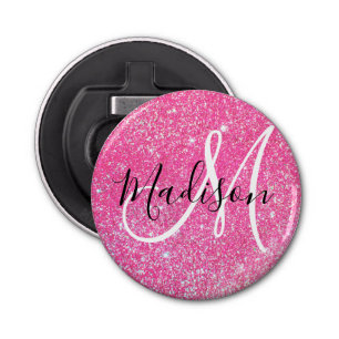 Girly Glam Hot Pink Glitter Sparkles Monogram Name Bottle Opener