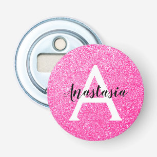 Girly Glam Hot Pink Glitter Sparkles Monogram Name Bottle Opener