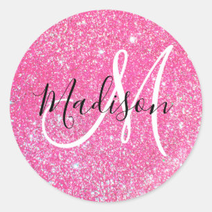 Girly Glam Hot Pink Glitter Sparkles Monogram Name Classic Round Sticker