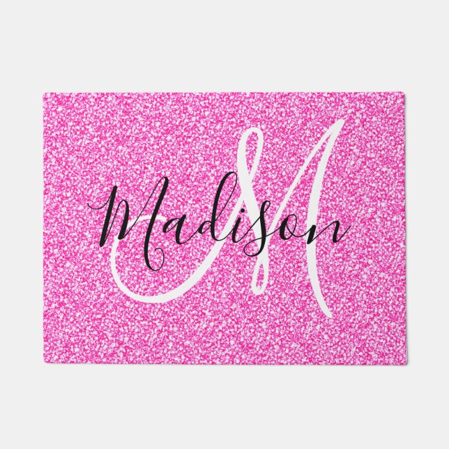 Girly Glam Hot Pink Glitter Sparkles Monogram Name Doormat (Front)