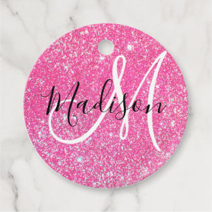 Girly Glam Hot Pink Glitter Sparkles Monogram Name Favour Tags