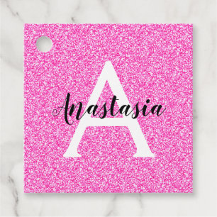 Girly Glam Hot Pink Glitter Sparkles Monogram Name Favour Tags