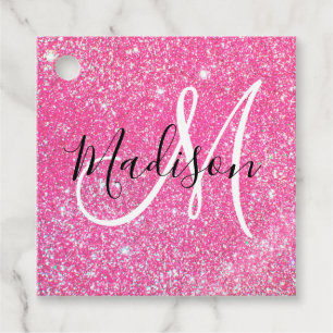 Girly Glam Hot Pink Glitter Sparkles Monogram Name Favour Tags