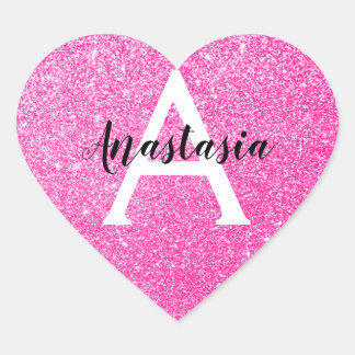 Girly Glam Hot Pink Glitter Sparkles Monogram Name Heart Sticker