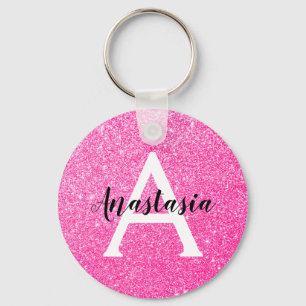 Girly Glam Hot Pink Glitter Sparkles Monogram Name Key Ring
