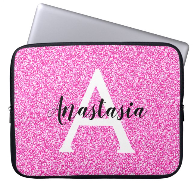 Girly Glam Hot Pink Glitter Sparkles Monogram Name Laptop Sleeve (Front)