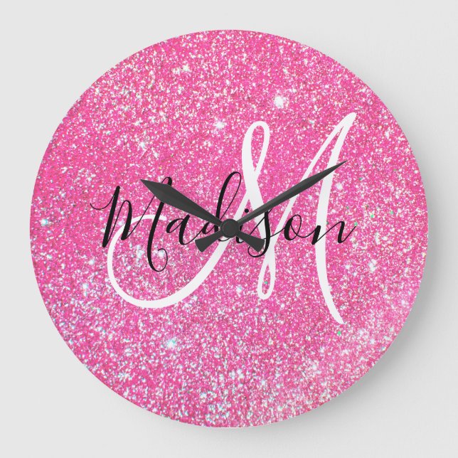 Girly Glam Hot Pink Glitter Sparkles Monogram Name Large Clock (Front)