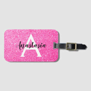 Girly Glam Hot Pink Glitter Sparkles Monogram Name Luggage Tag
