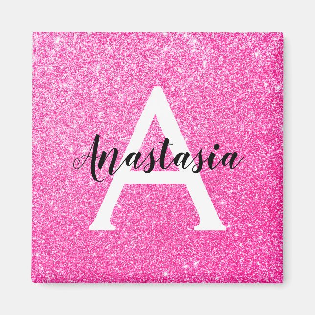 Girly Glam Hot Pink Glitter Sparkles Monogram Name Magnet (Front)