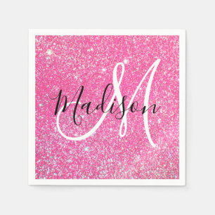 Girly Glam Hot Pink Glitter Sparkles Monogram Name Napkin