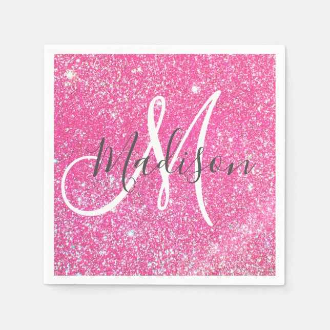 Girly Glam Hot Pink Glitter Sparkles Monogram Name Napkin (Front)