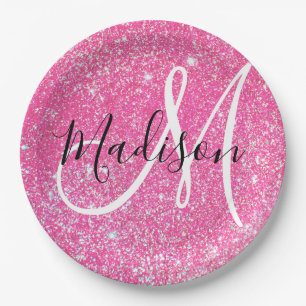 Girly Glam Hot Pink Glitter Sparkles Monogram Name Paper Plate