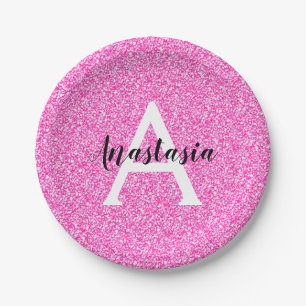 Girly Glam Hot Pink Glitter Sparkles Monogram Name Paper Plate