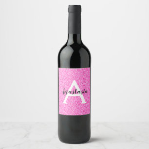 Girly Glam Hot Pink Glitter Sparkles Monogram Name Wine Label