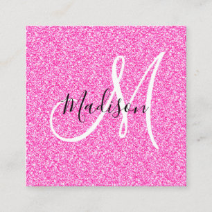 Girly & Glam Hot Pink Glitter Sparkles Monogram Square Business Card