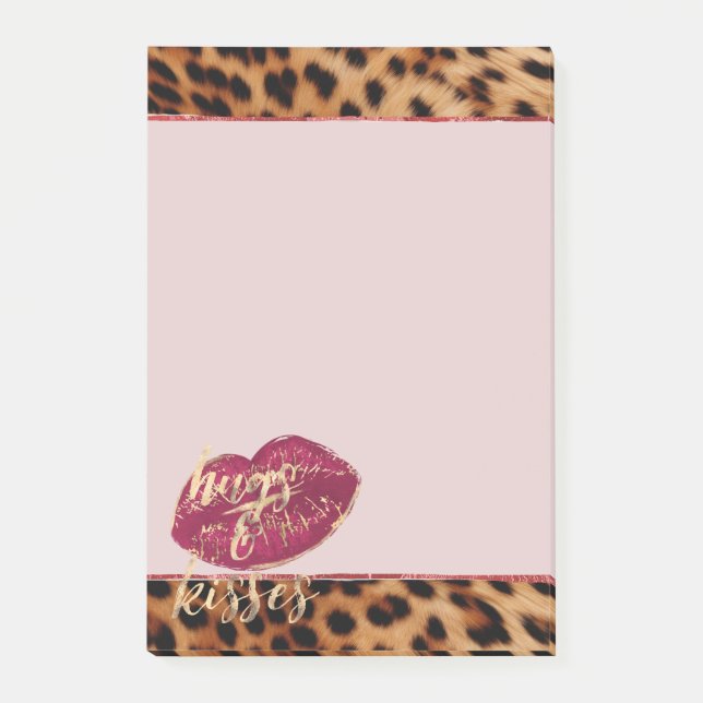Girly Glam Leopard Hugs & Kisses Lips Post-it Notes (Front)