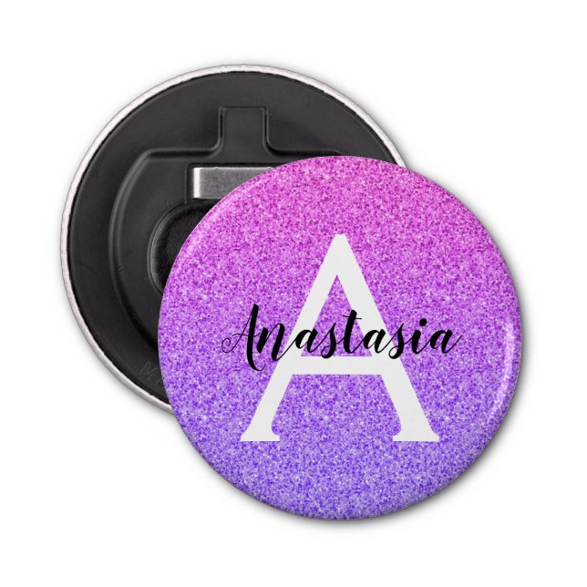 Girly Glam Ombre Purple Glitter Sparkles Monogram Bottle Opener (Front)