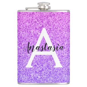 Girly Glam Ombre Purple Glitter Sparkles Monogram Hip Flask